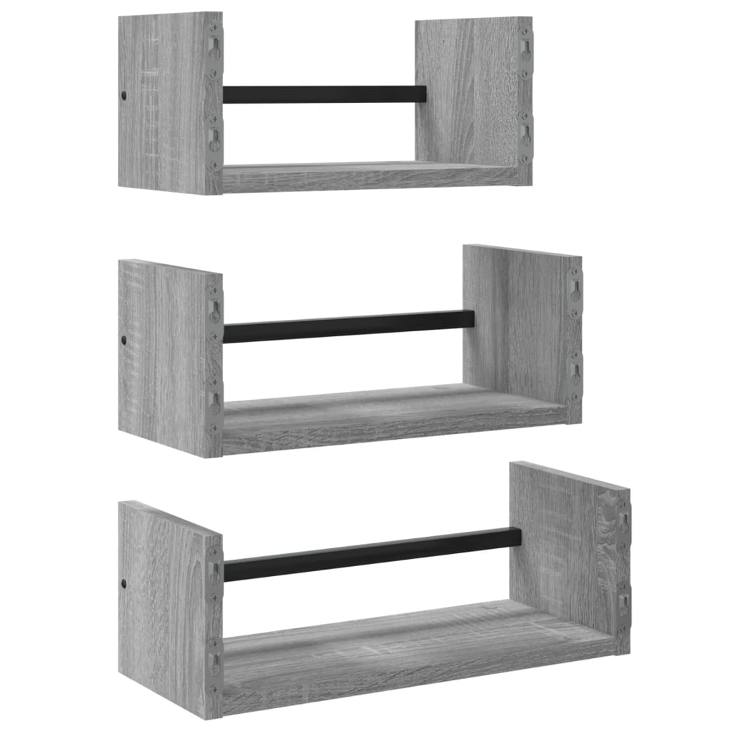 3-tlg. Wandregal-Set mit Stangen Grau Sonoma Holzwerkstoff