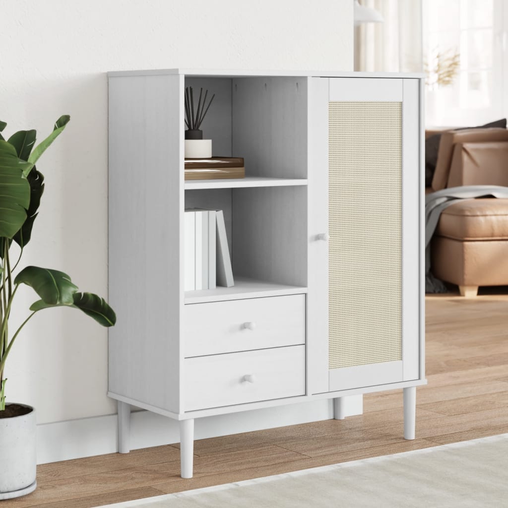 Highboard SENJA Rattan-Optik Weiß 90x40x112 cm Kiefernholz
