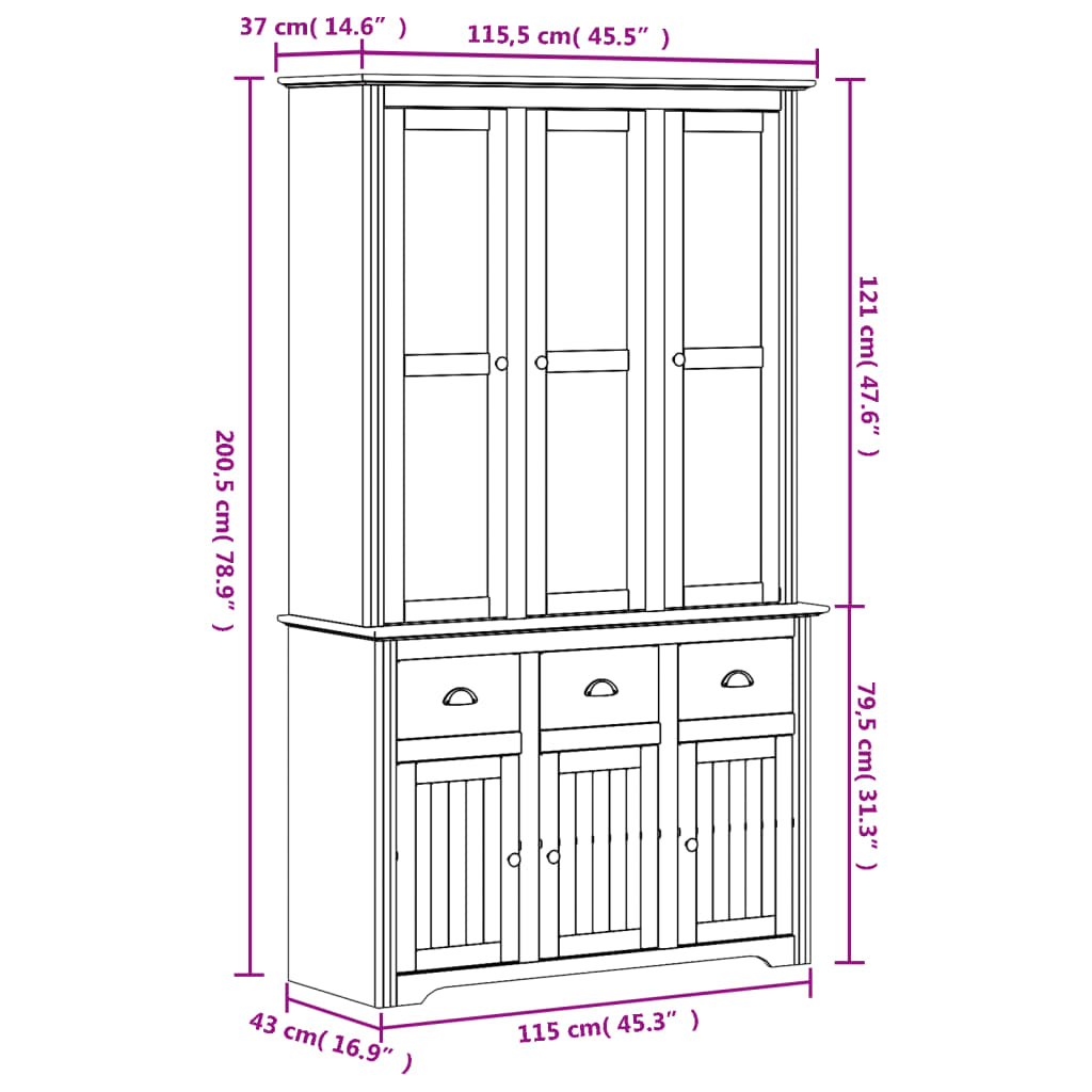 Highboard BODO Grau 115,5x43x200,5 cm Massivholz Kiefer