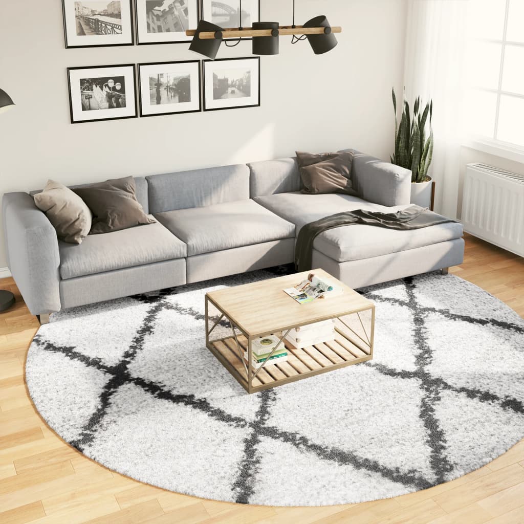 Shaggy-Teppich PAMPLONA Hochflor Modern Creme Schwarz Ø 280 cm