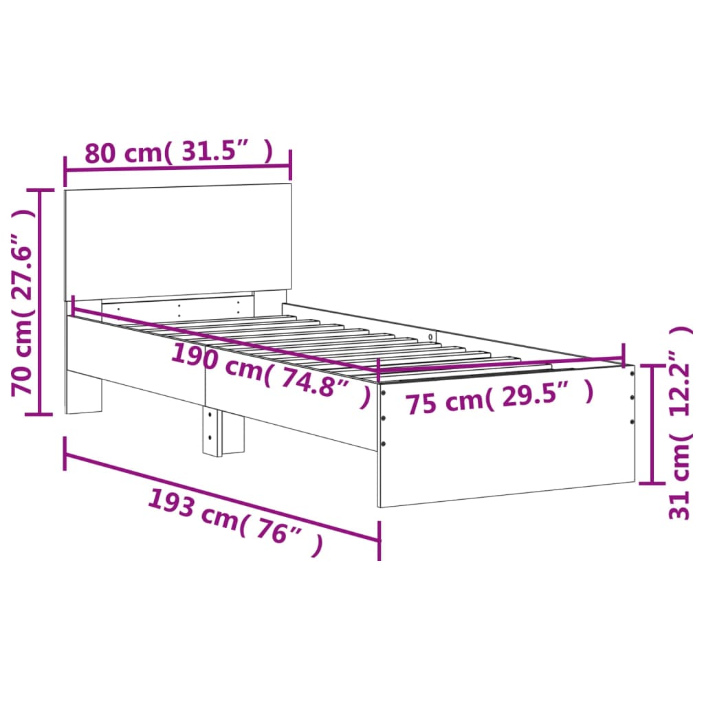 Bettgestell mit Kopfteil Betongrau 75x190 cm Holzwerkstoff