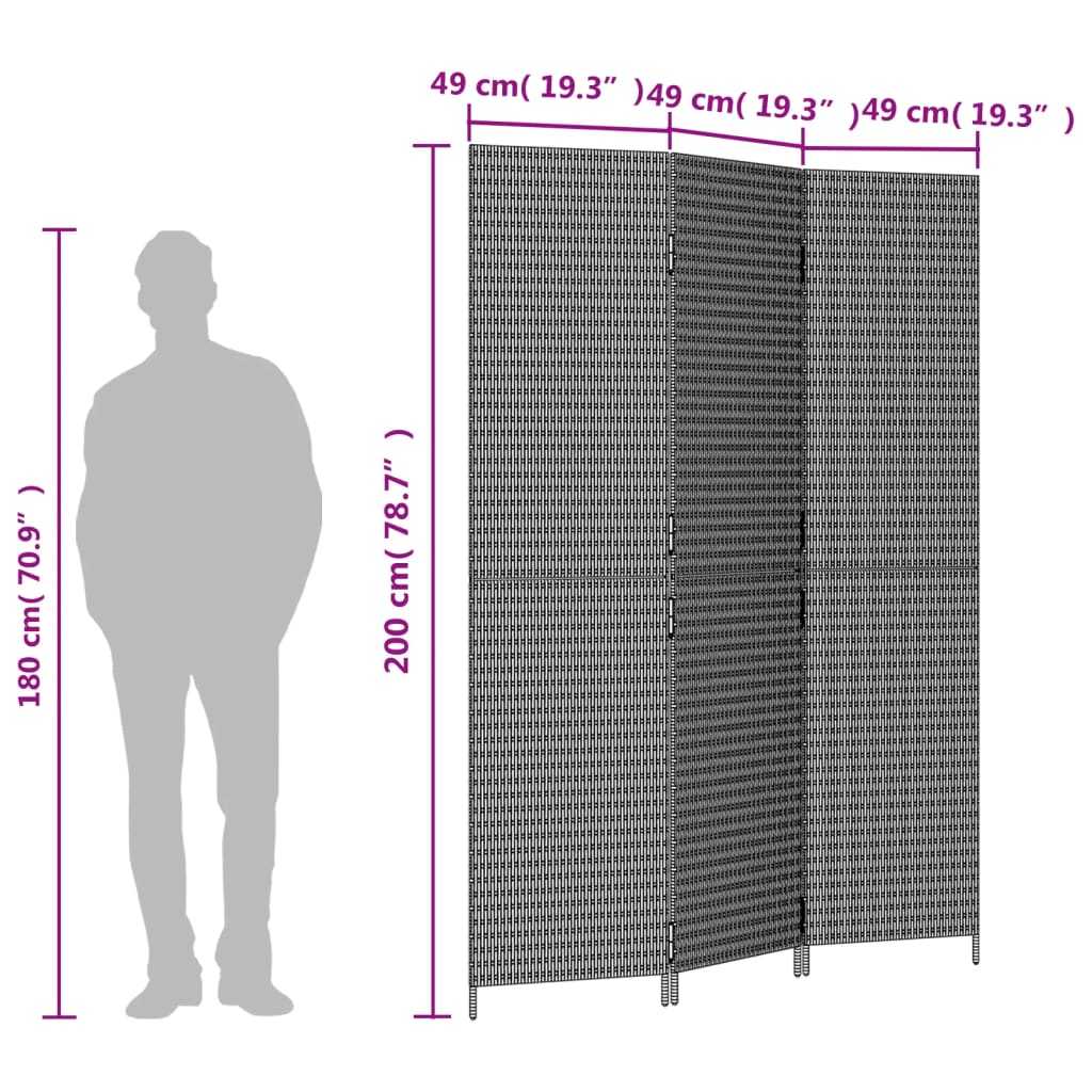 Paravent 3-tlg. Schwarz Poly Rattan