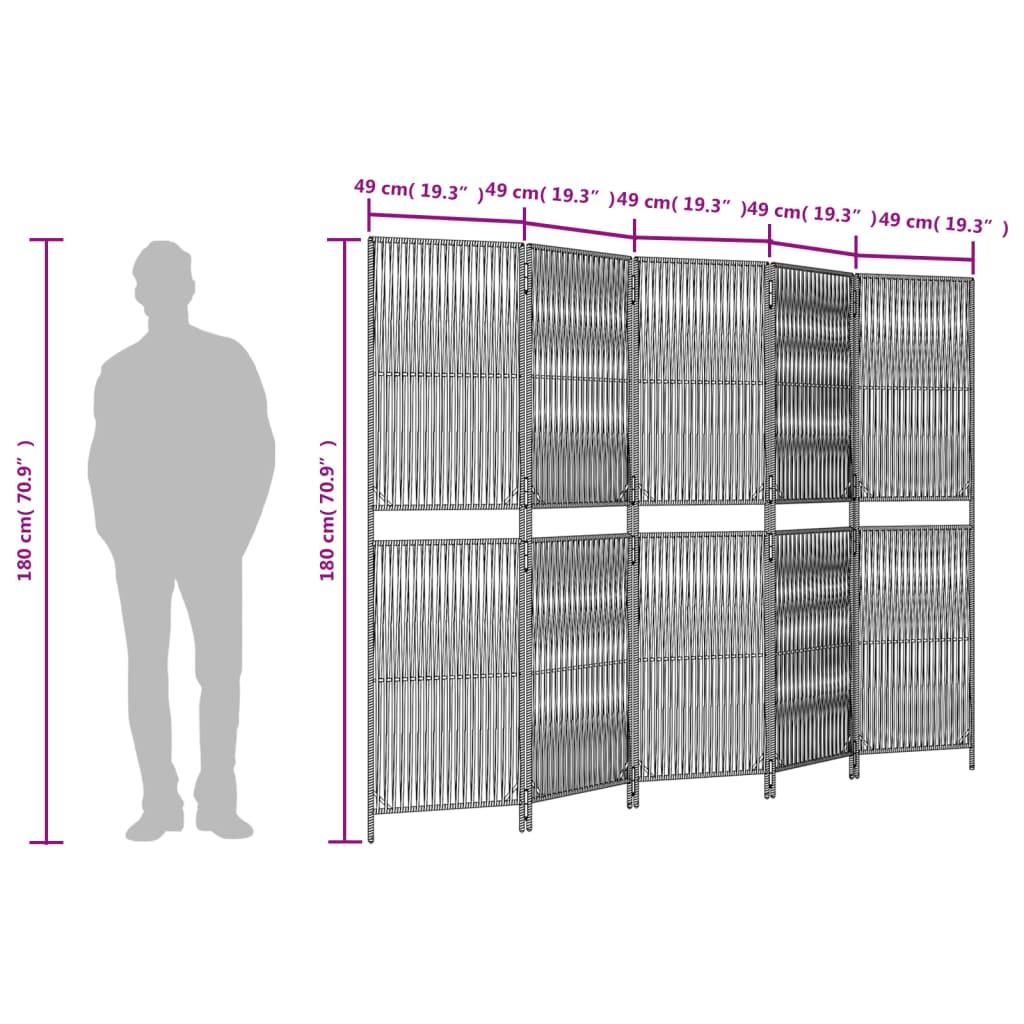 Paravent 5-tlg. Grau Poly Rattan