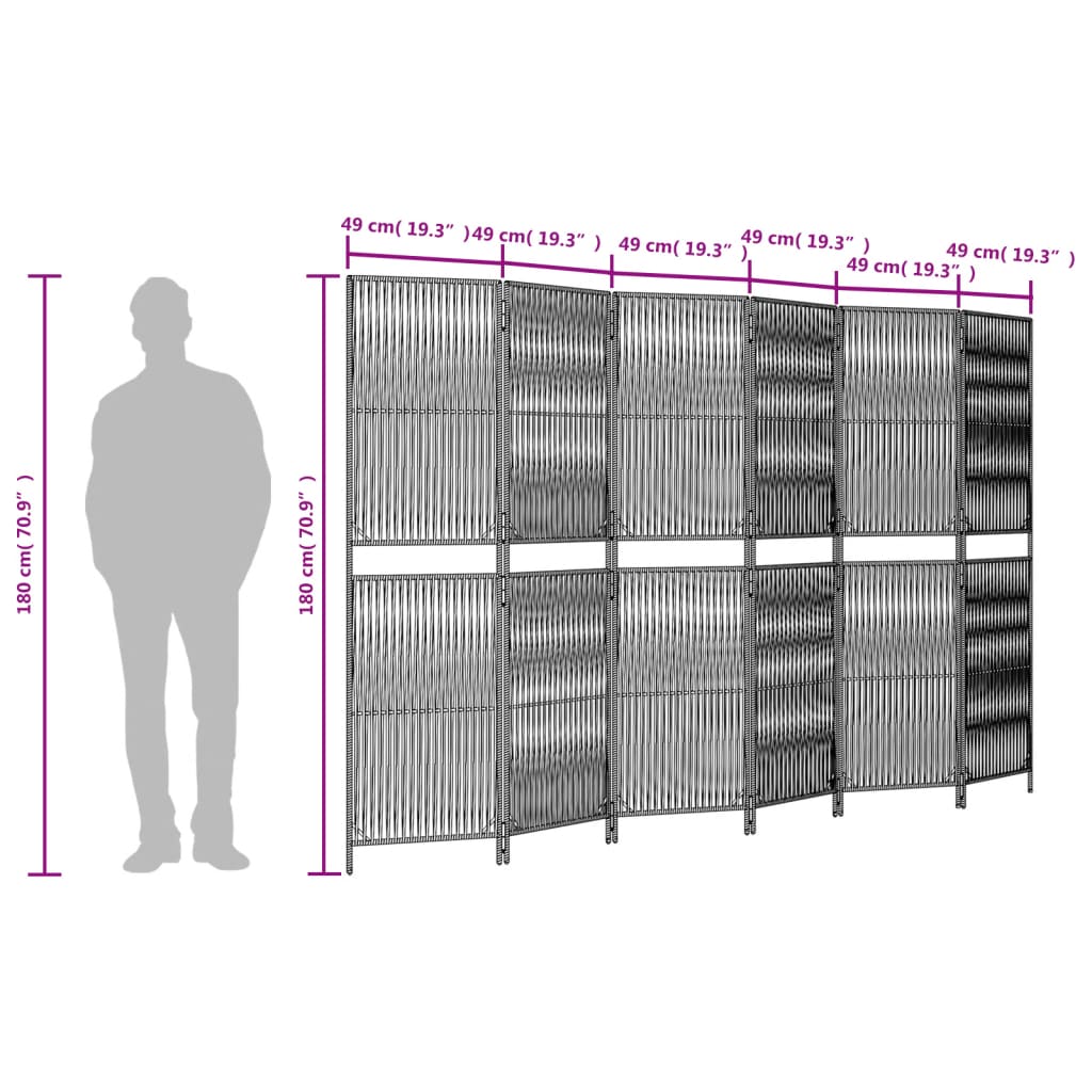 Paravent 6-tlg. Grau Poly Rattan