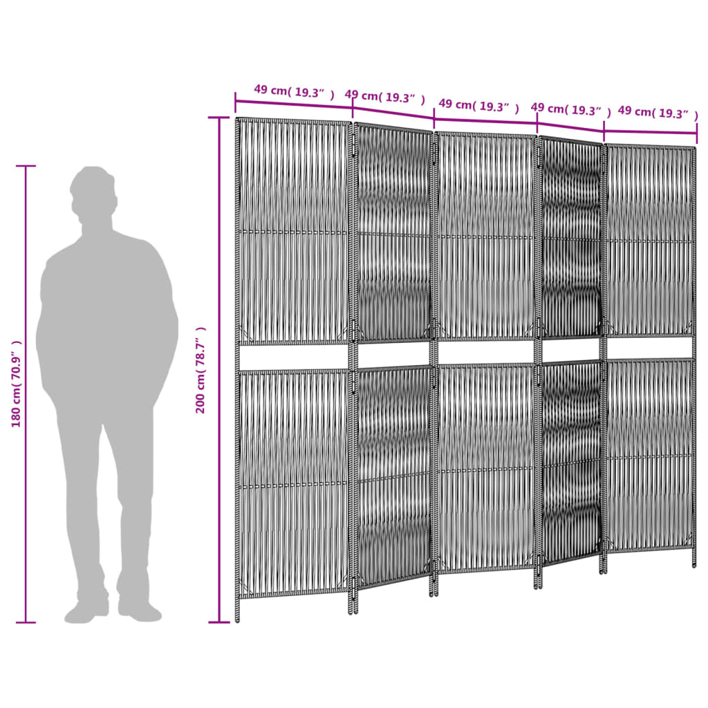 Paravent 5-tlg. Schwarz Poly Rattan