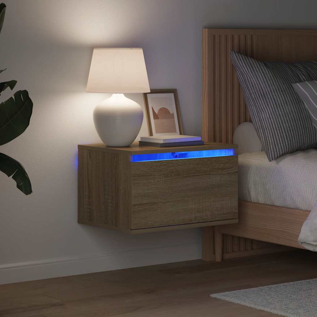 Wand-Nachttisch mit LED-Leuchten Sonoma-Eiche