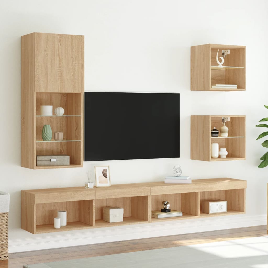 Wand-Nachttisch mit LED-Leuchten Sonoma-Eiche