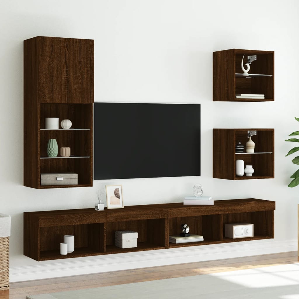 Wand-Nachttisch mit LED-Leuchten Braun Eichen-Optik