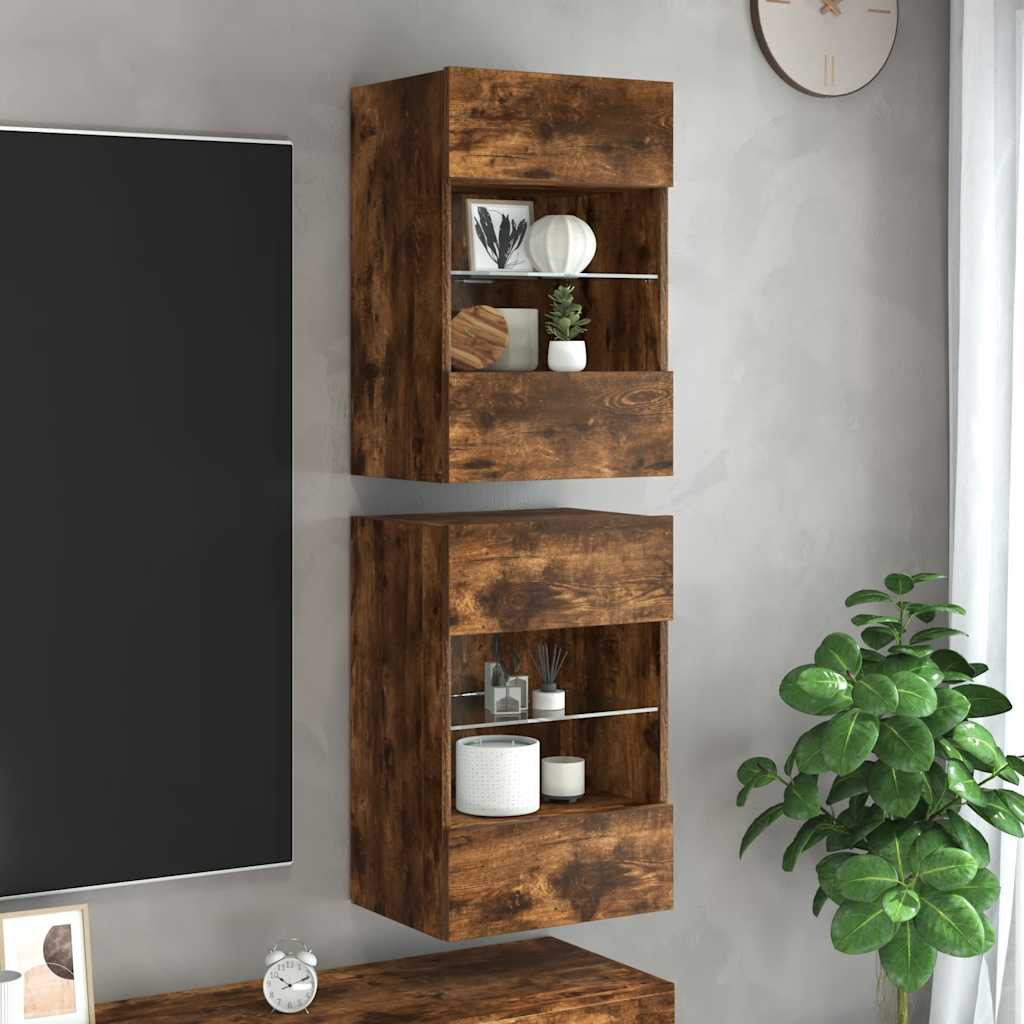 Wandschränke mit LED-Leuchten für TV 2 Stk. Räuchereiche