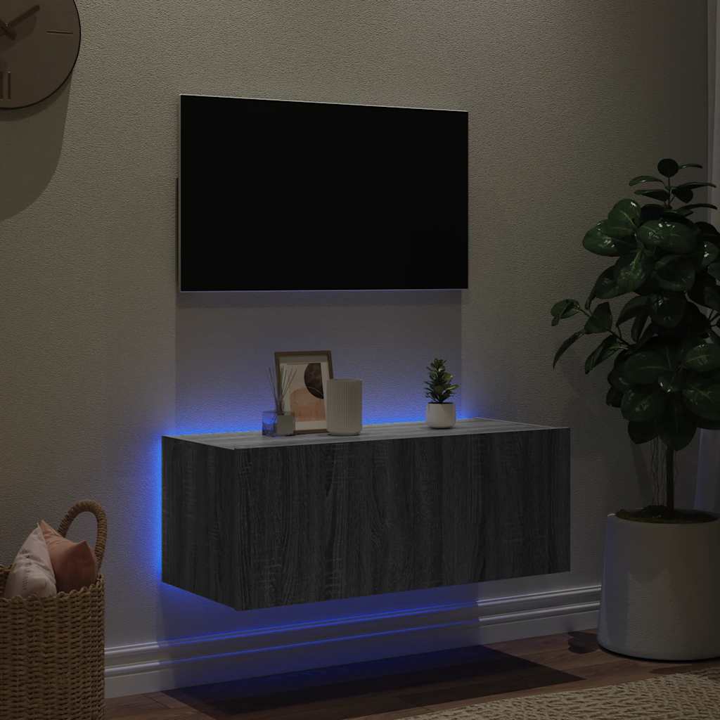 TV-Wandschrank mit LED-Leuchten Grau Sonoma 80x35x31 cm