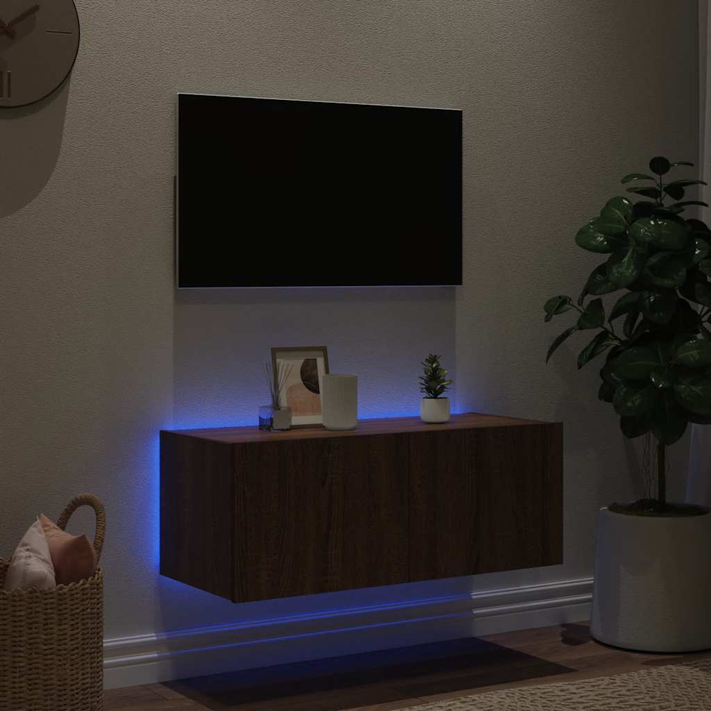 TV-Wandschrank mit LED-Leuchten Braun Eichen-Optik 80x35x31 cm