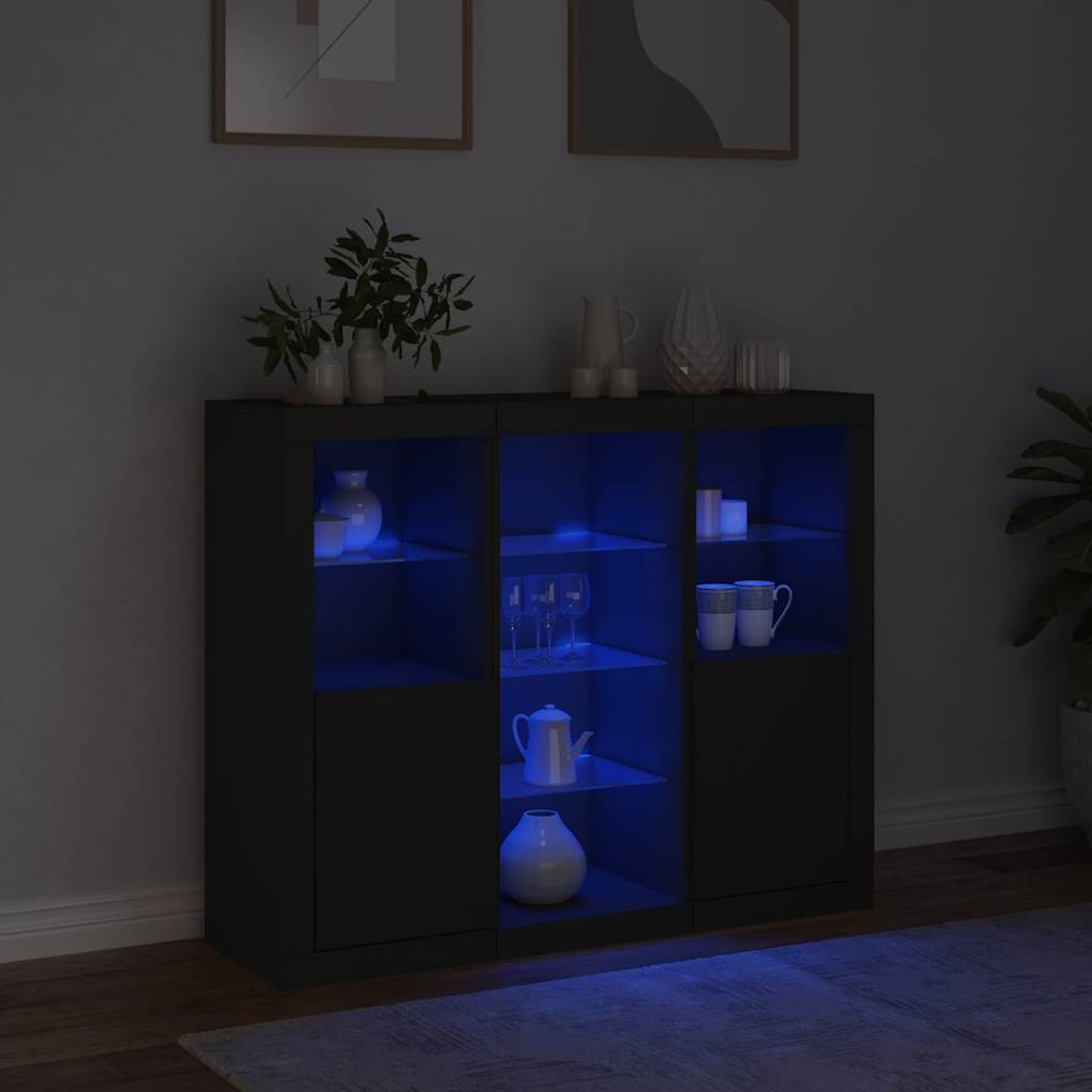 Sideboards mit LED-Leuchten 3 Stk. Schwarz Holzwerkstoff