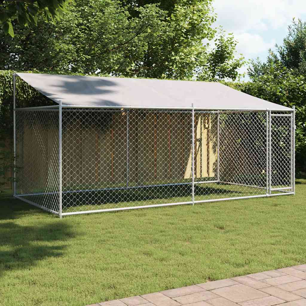 Hundezwinger mit Dach und Tür Grau 4x2x2 m Verzinkter Stahl