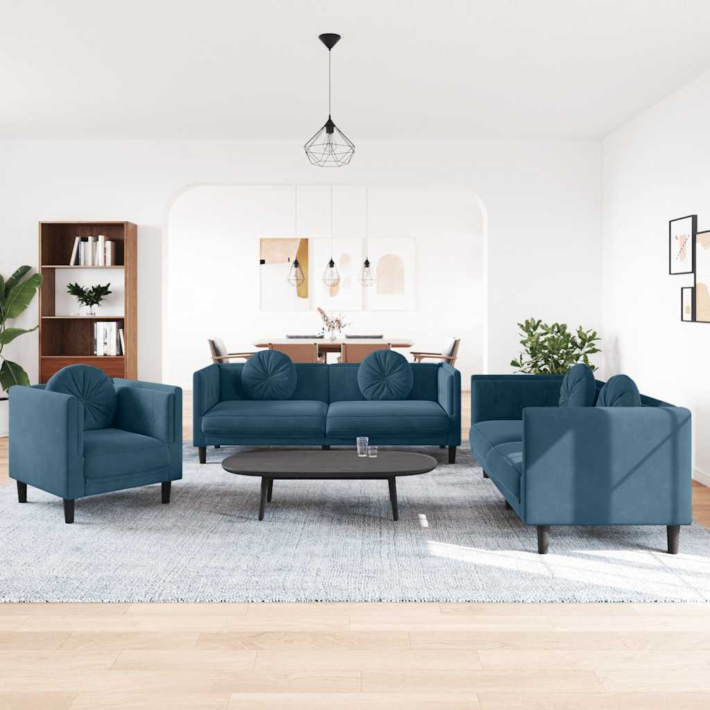 3-tlg. Sofagarnitur mit Kissen Blau Samt