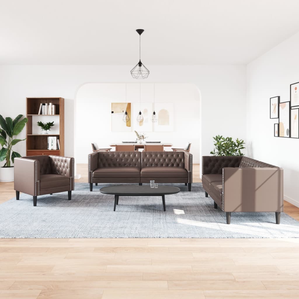 3-tlg. Chesterfield-Sofa-Set Braun Kunstleder