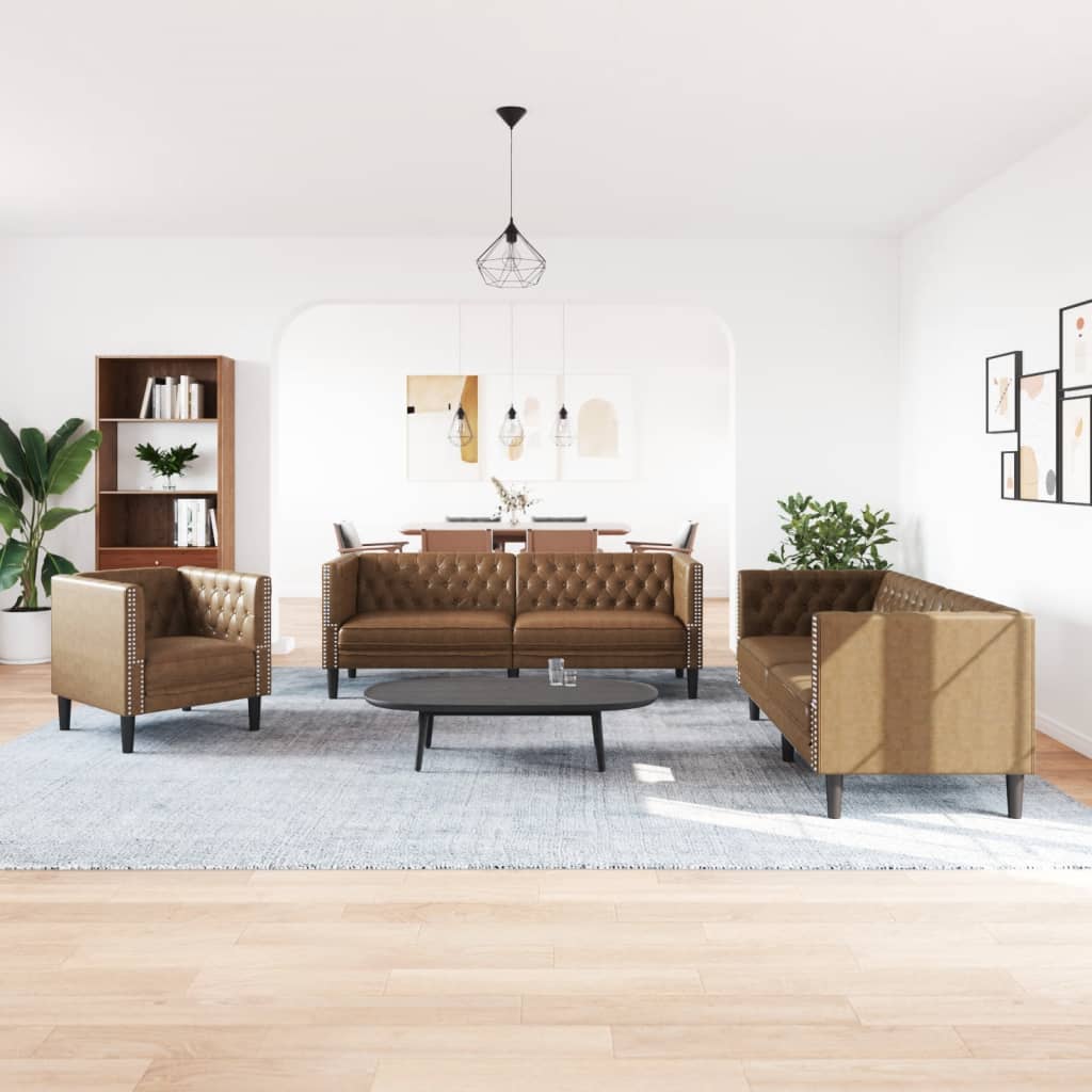 3-tlg. Chesterfield-Sofa-Set Braun Kunstleder Wildleder-Optik
