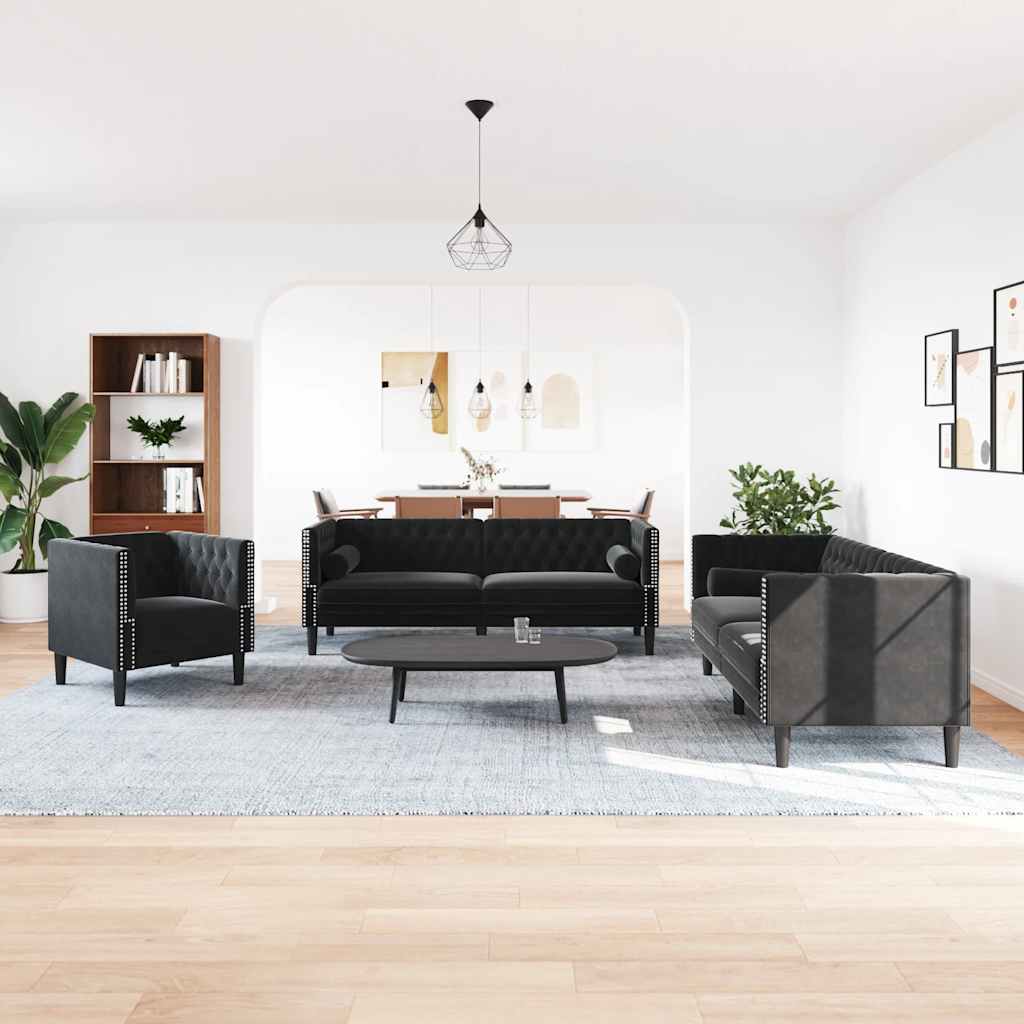 3-tlg. Chesterfield-Sofa-Set mit Nackenrollen Schwarz Samt