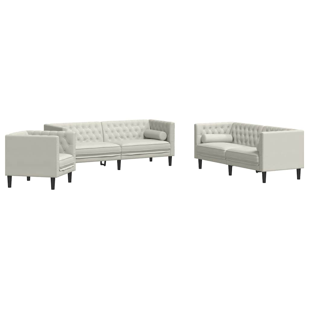 3-tlg. Chesterfield-Sofa-Set mit Nackenrollen Creme Samt