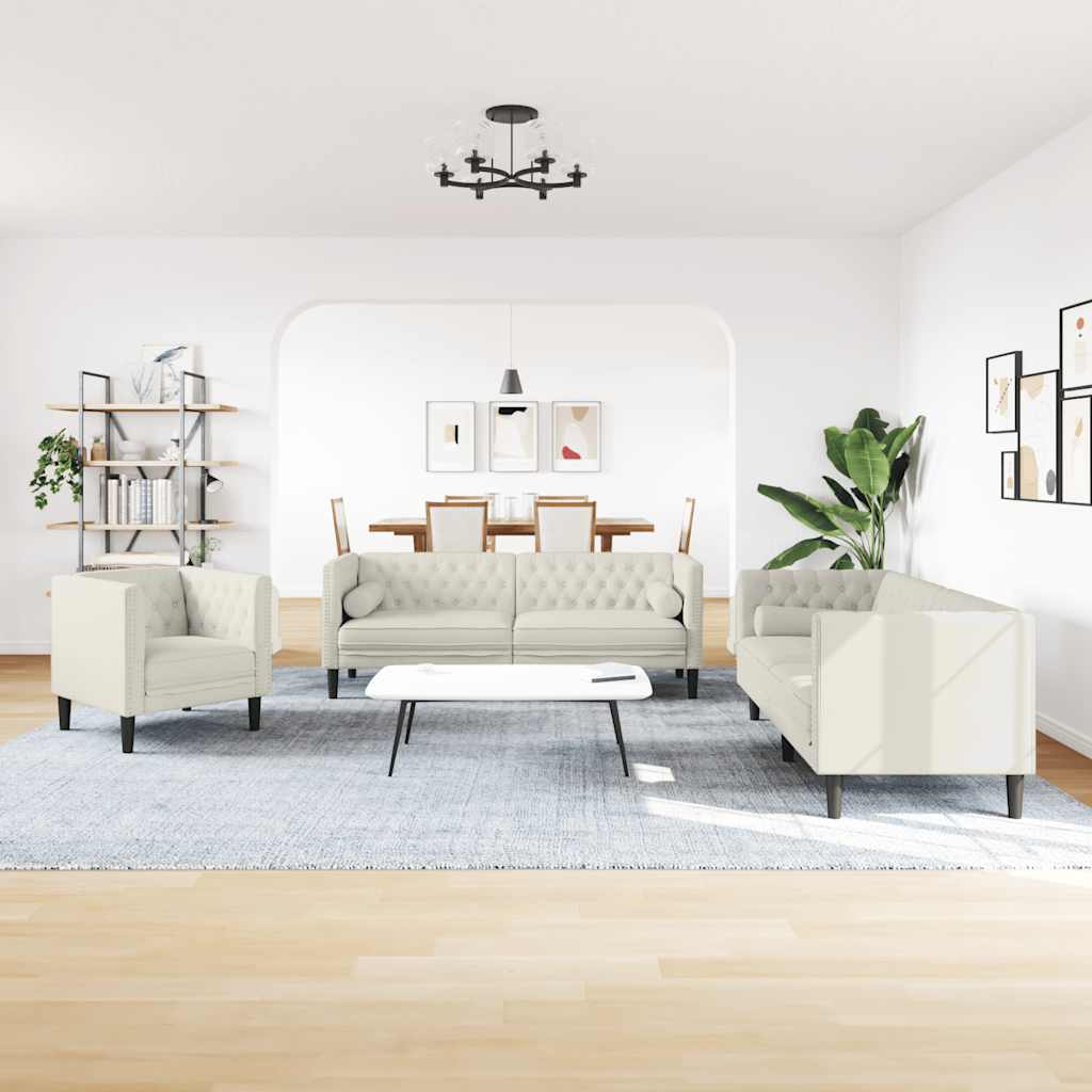 3-tlg. Chesterfield-Sofa-Set mit Nackenrollen Creme Samt