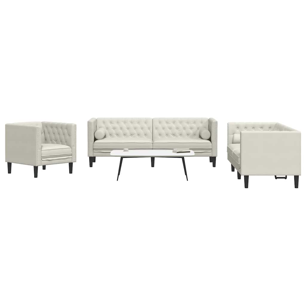 3-tlg. Chesterfield-Sofa-Set mit Nackenrollen Creme Samt