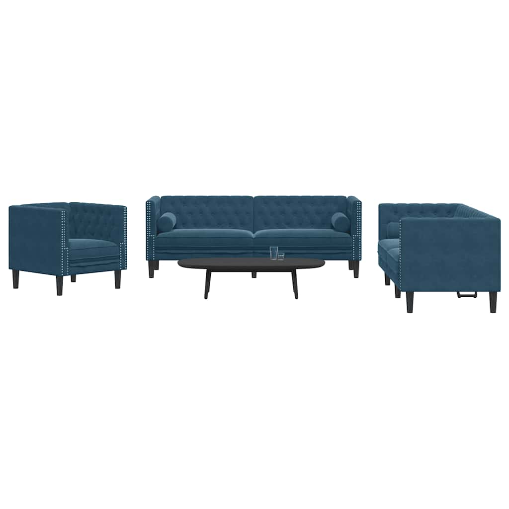 3-tlg. Chesterfield-Sofa-Set mit Nackenrollen Blau Samt
