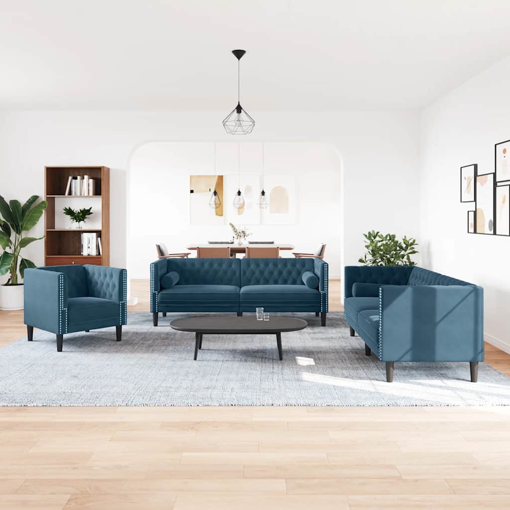 3-tlg. Chesterfield-Sofa-Set mit Nackenrollen Blau Samt