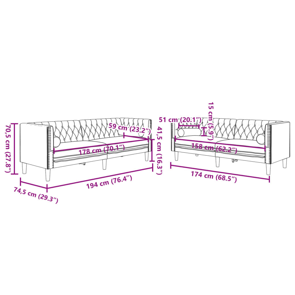 2-tlg. Chesterfield-Sofa-Set mit Nackenrollen Rosa Samt