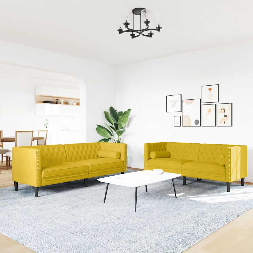 2-tlg. Chesterfield-Sofa-Set mit Nackenrollen Gelb Samt