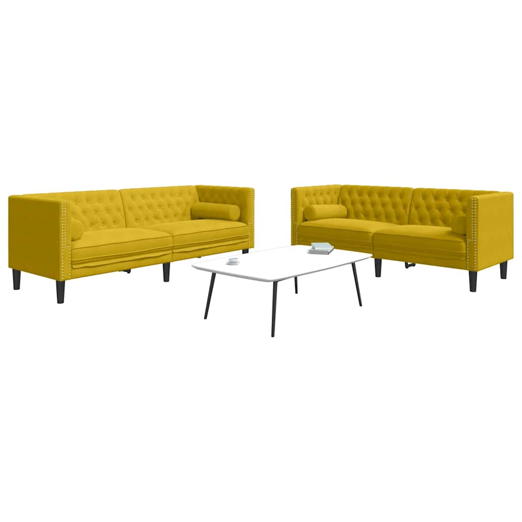 2-tlg. Chesterfield-Sofa-Set mit Nackenrollen Gelb Samt