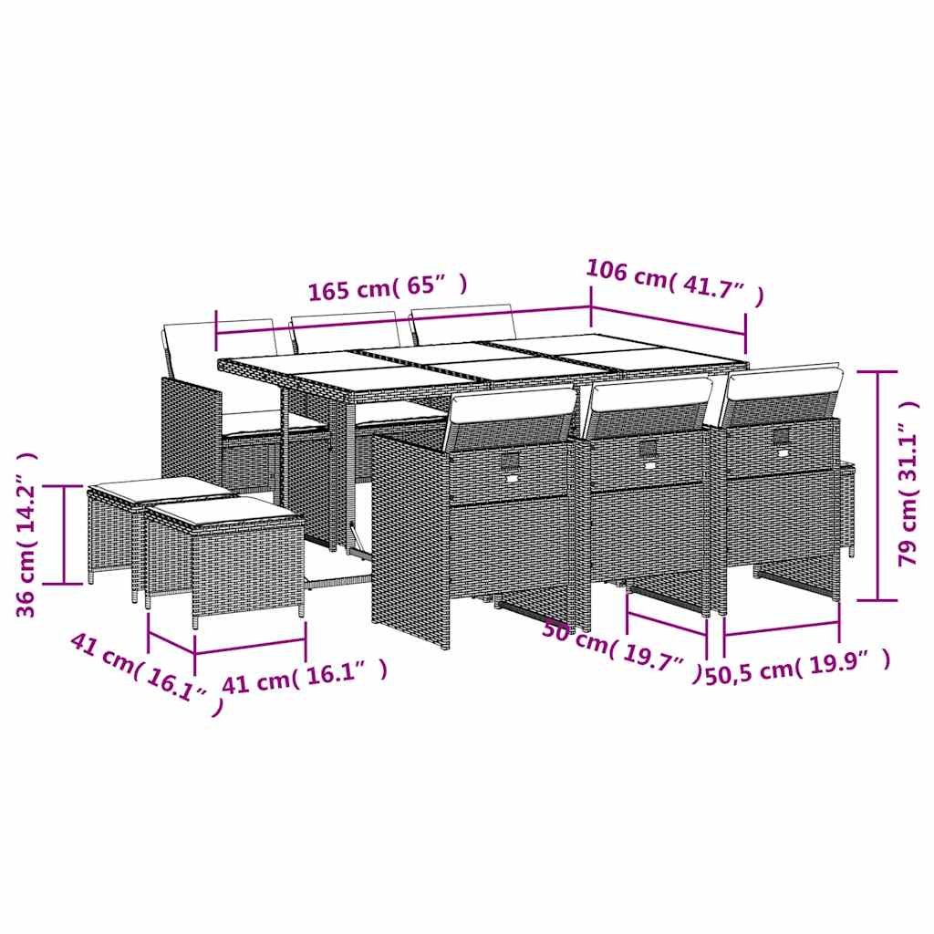 11-tlg. Garten-Essgruppe mit Kissen Schwarz Poly Rattan