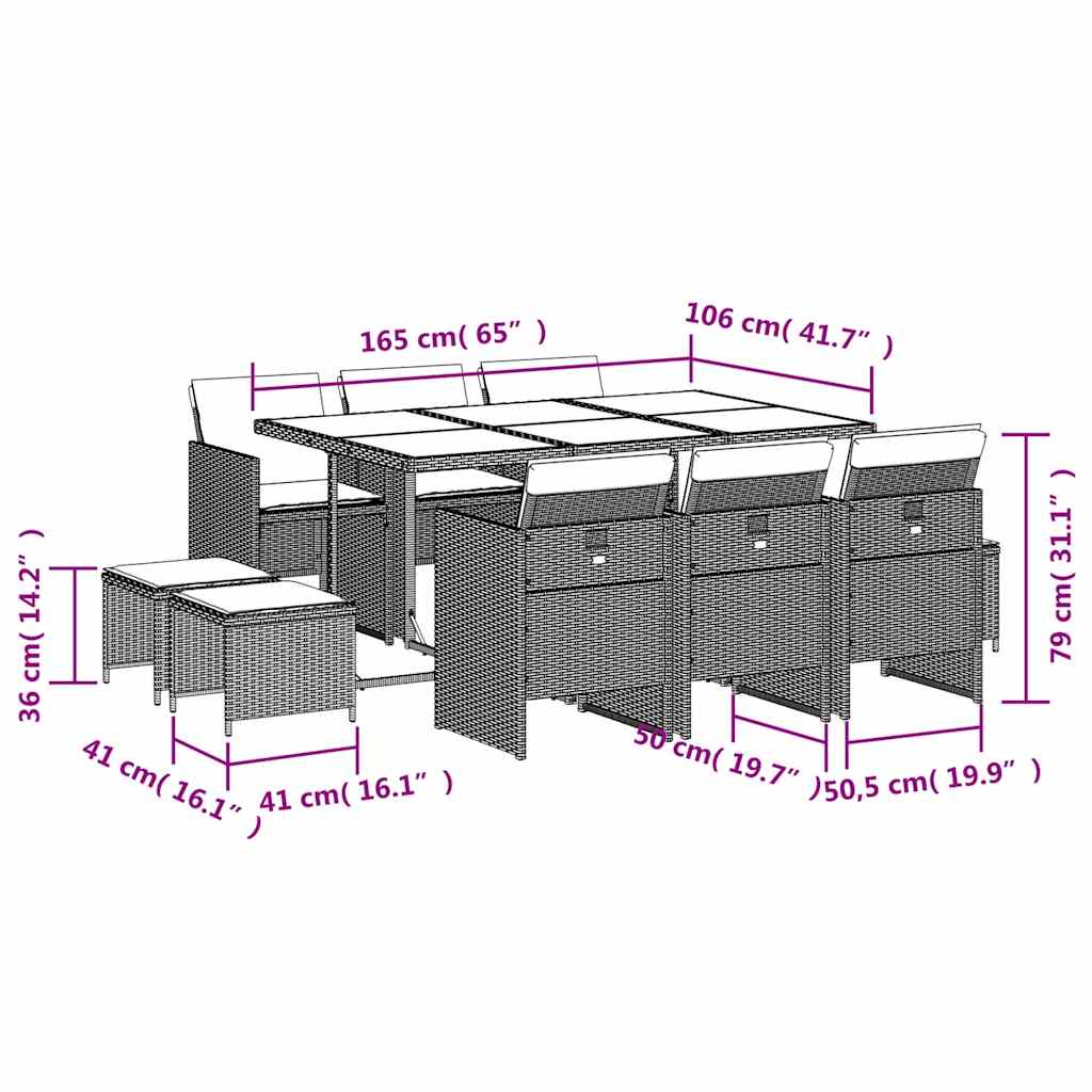 11-tlg. Garten-Essgruppe mit Kissen Schwarz Poly Rattan