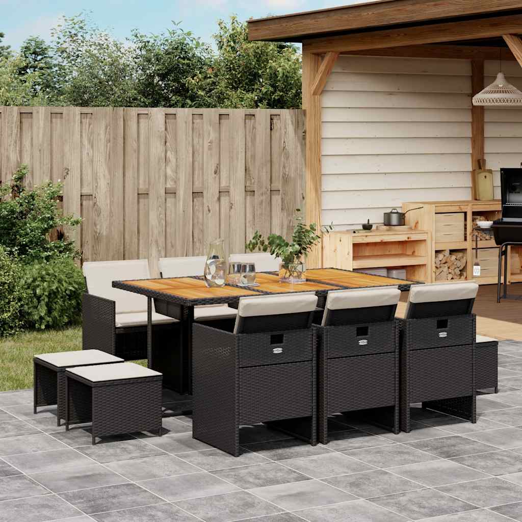 11-tlg. Garten-Essgruppe mit Kissen Schwarz Poly Rattan