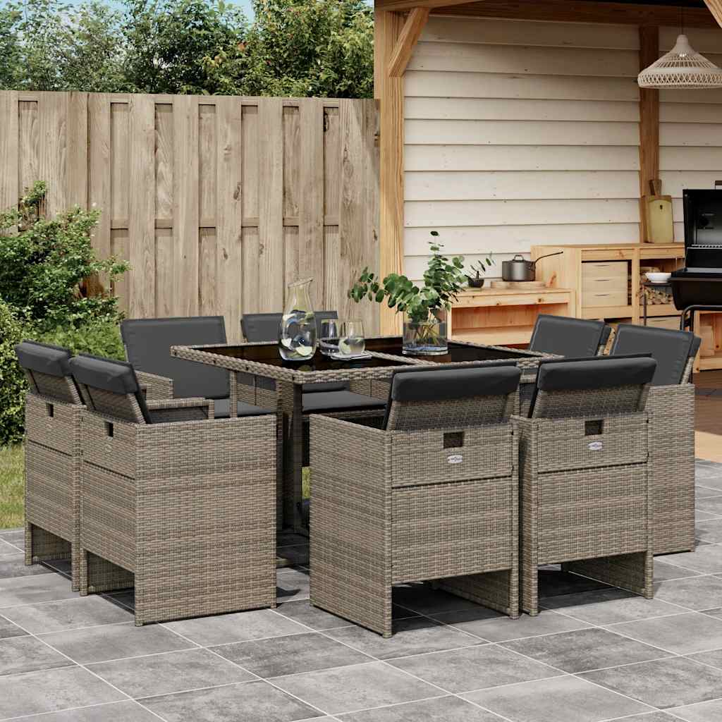 9-tlg. Garten-Essgruppe mit Kissen Grau Poly Rattan