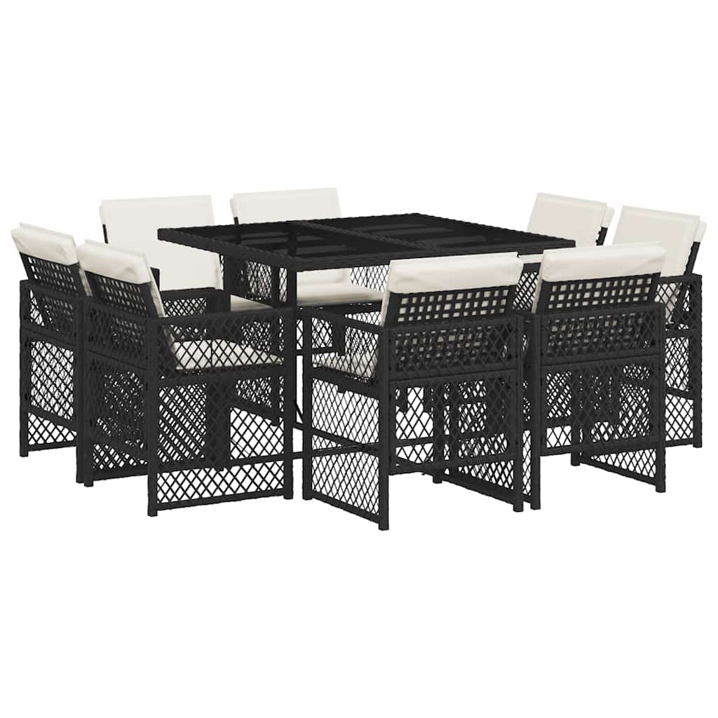 9-tlg. Garten-Essgruppe mit Kissen Schwarz Poly Rattan
