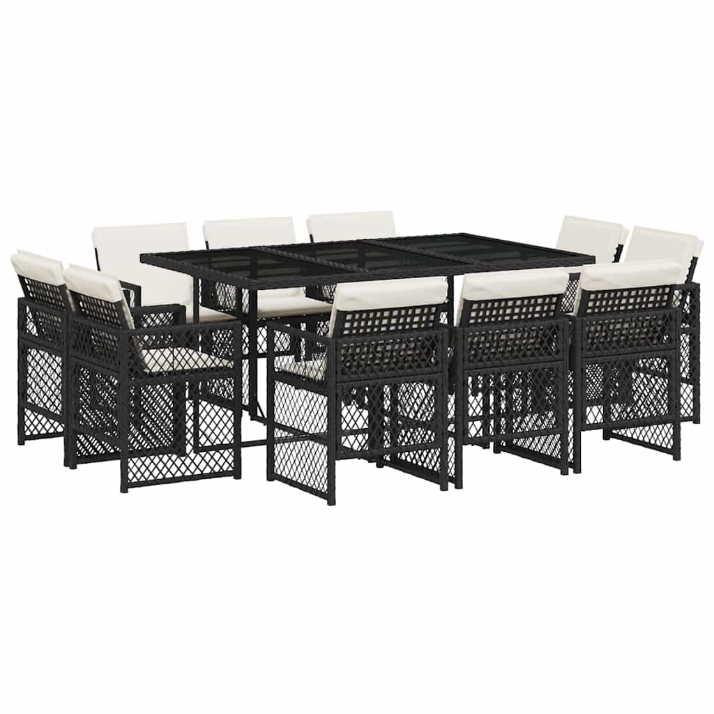 11-tlg. Garten-Essgruppe mit Kissen Schwarz Poly Rattan