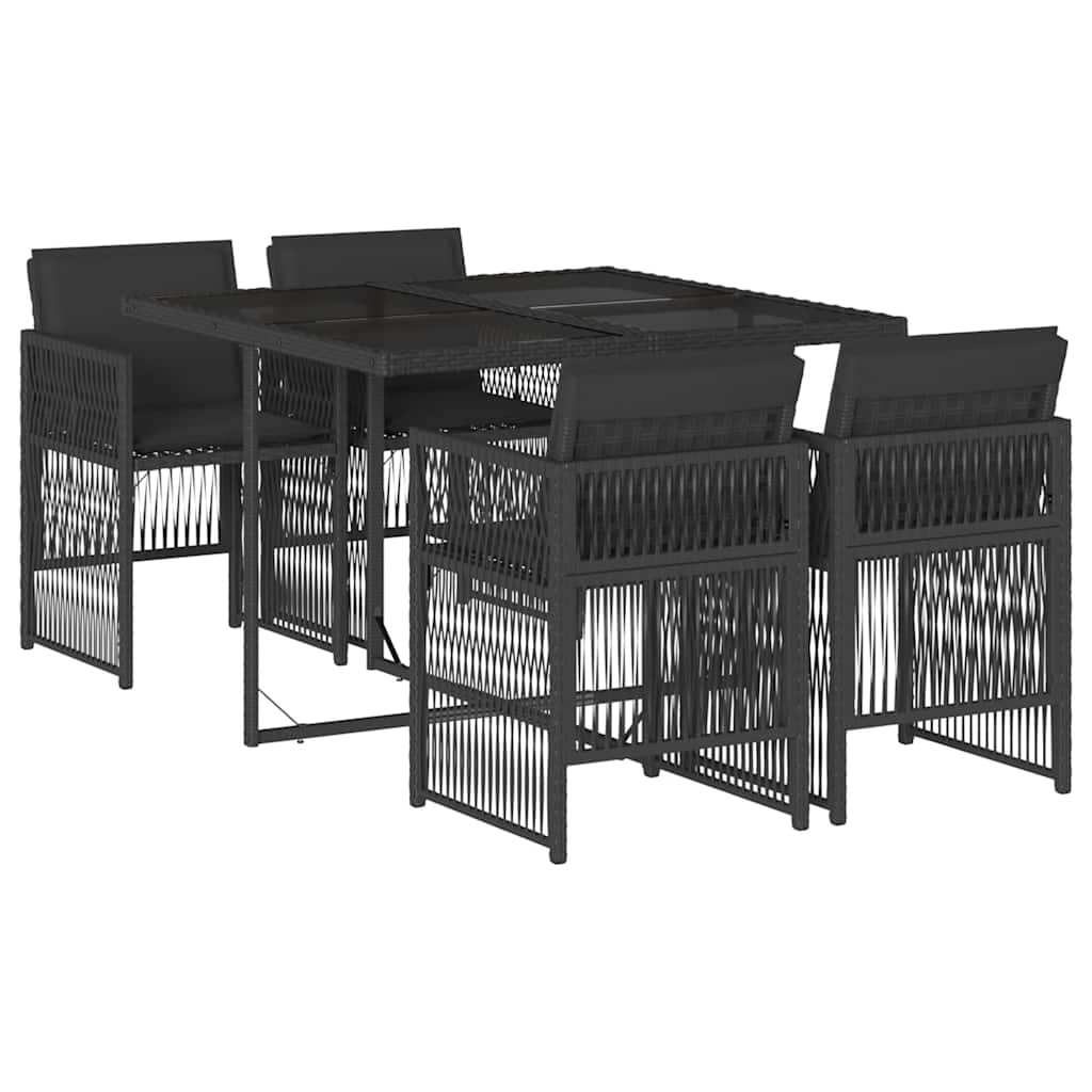 5-tlg. Garten-Essgruppe mit Kissen Schwarz Poly Rattan