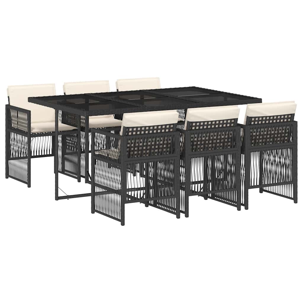 7-tlg. Garten-Essgruppe mit Kissen Schwarz Poly Rattan