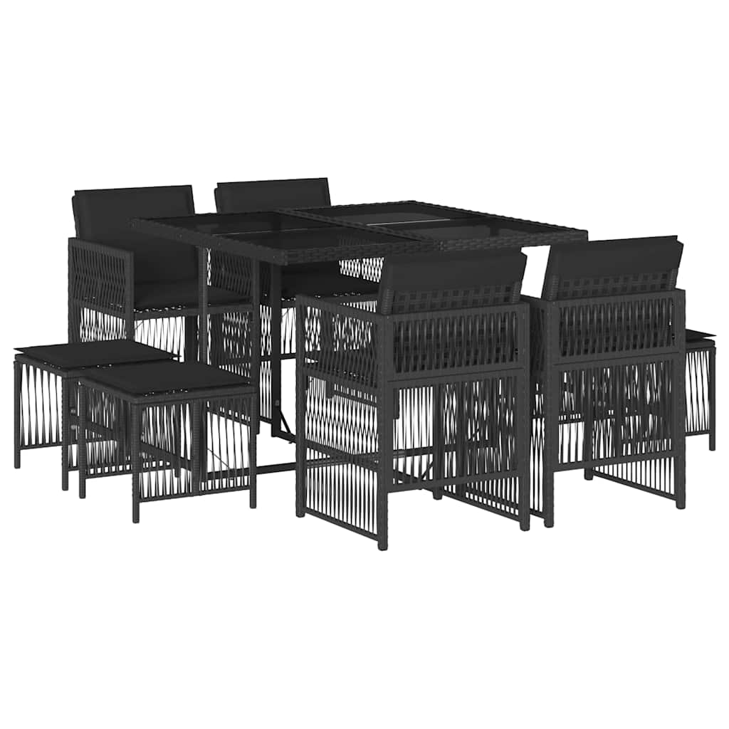 9-tlg. Garten-Essgruppe mit Kissen Schwarz Poly Rattan