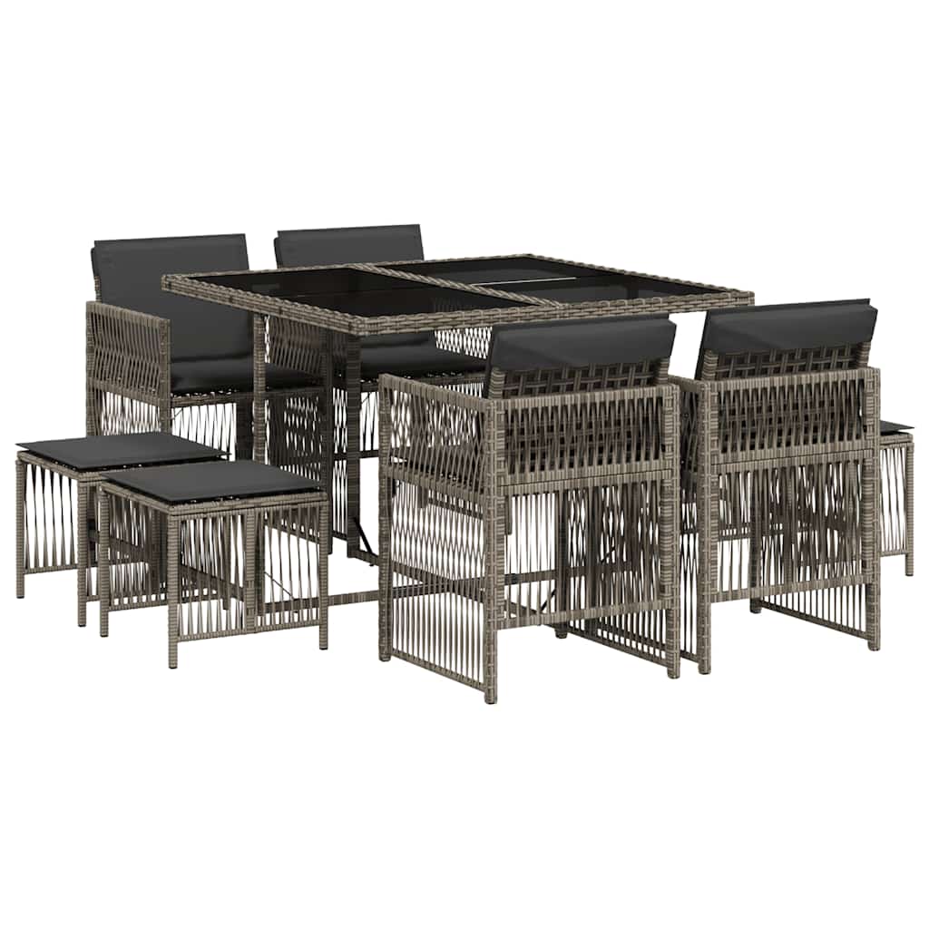 9-tlg. Garten-Essgruppe mit Kissen Grau Poly Rattan