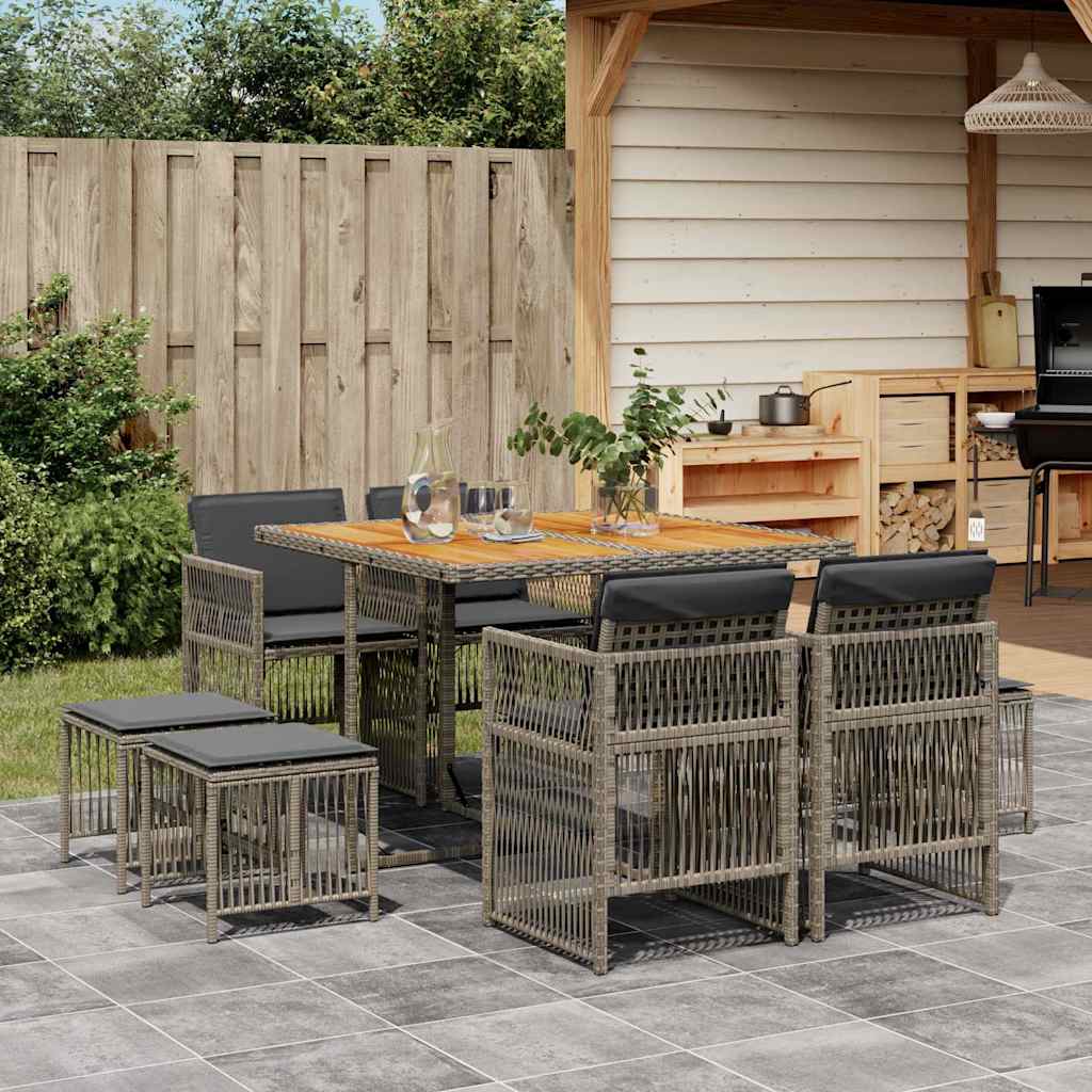 9-tlg. Garten-Essgruppe mit Kissen Grau Poly Rattan