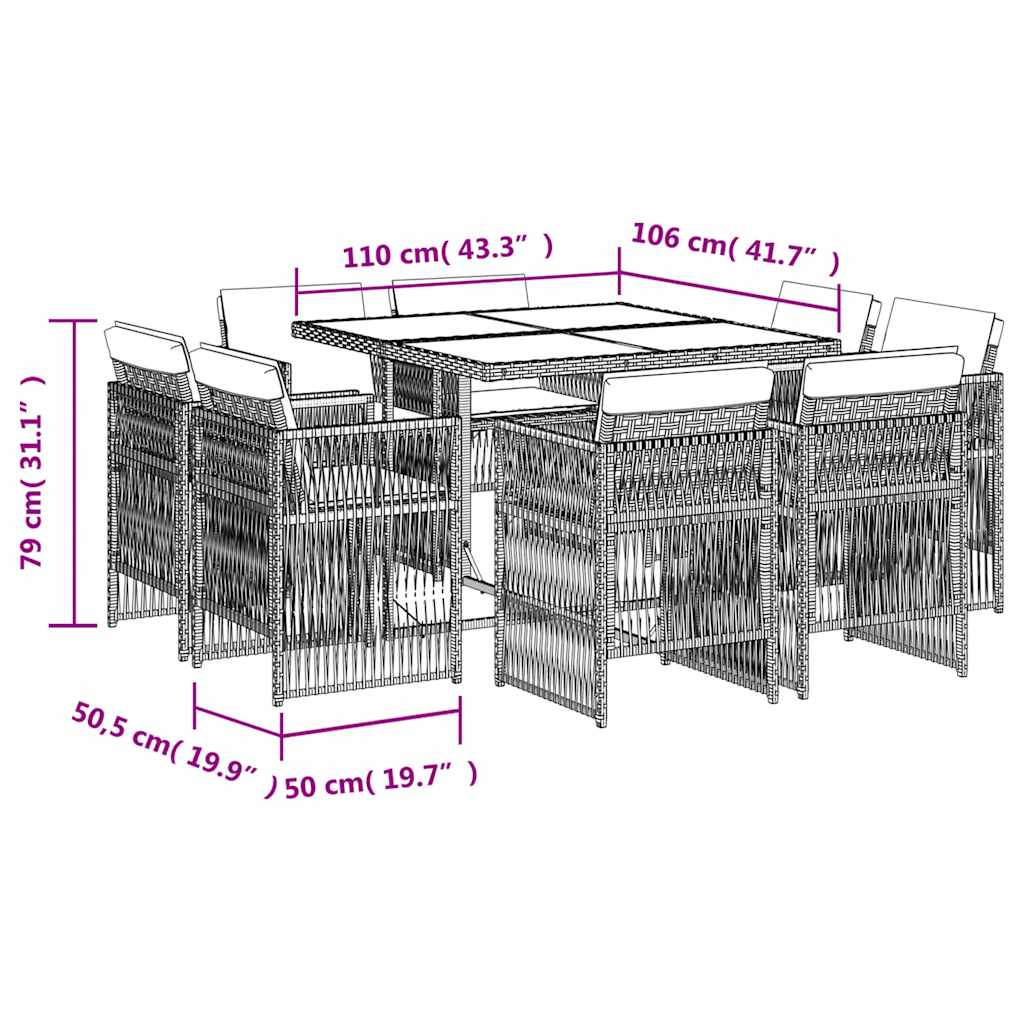 9-tlg. Garten-Essgruppe mit Kissen Schwarz Poly Rattan