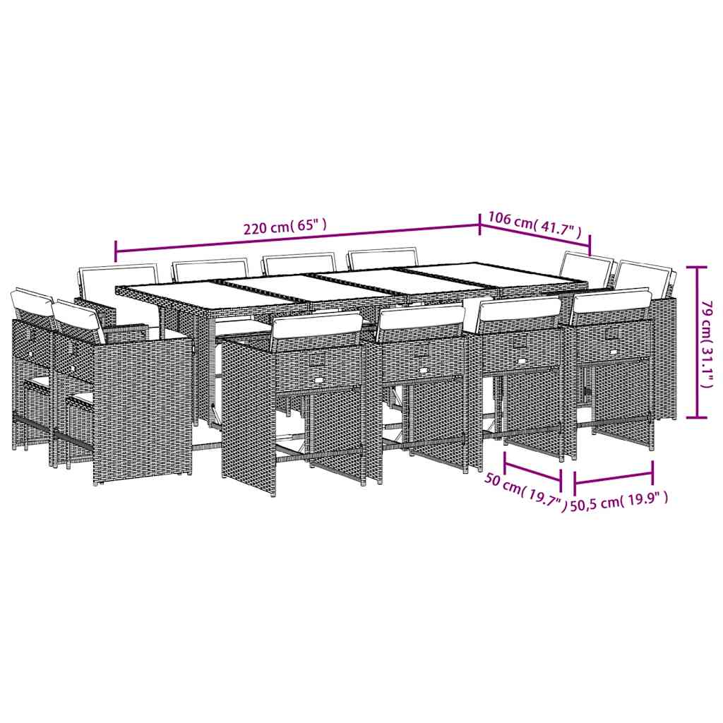 13-tlg. Garten-Essgruppe mit Kissen Braun Poly Rattan