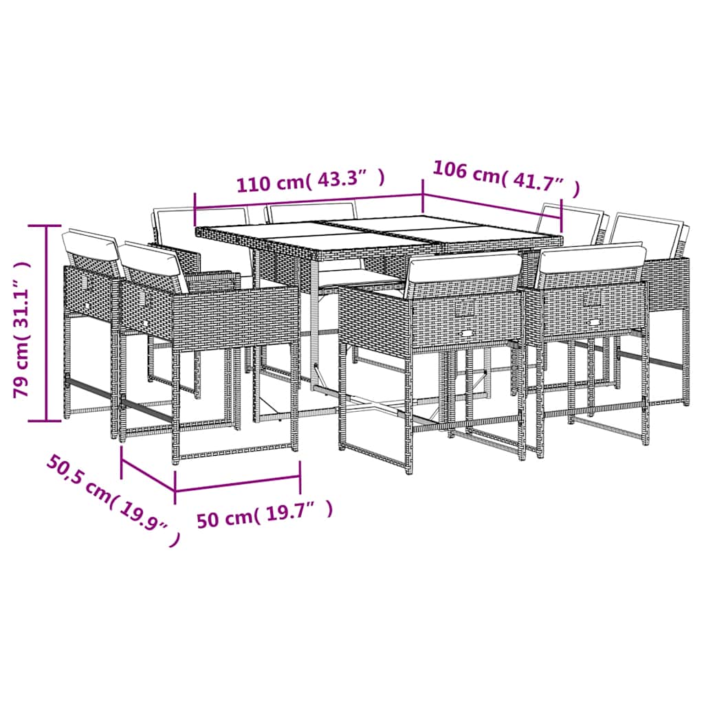 9-tlg. Garten-Essgruppe mit Kissen Schwarz Poly Rattan