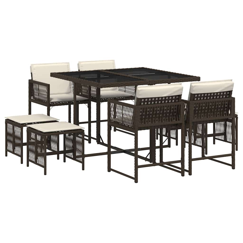 9-tlg. Garten-Essgruppe mit Kissen Braun Poly Rattan