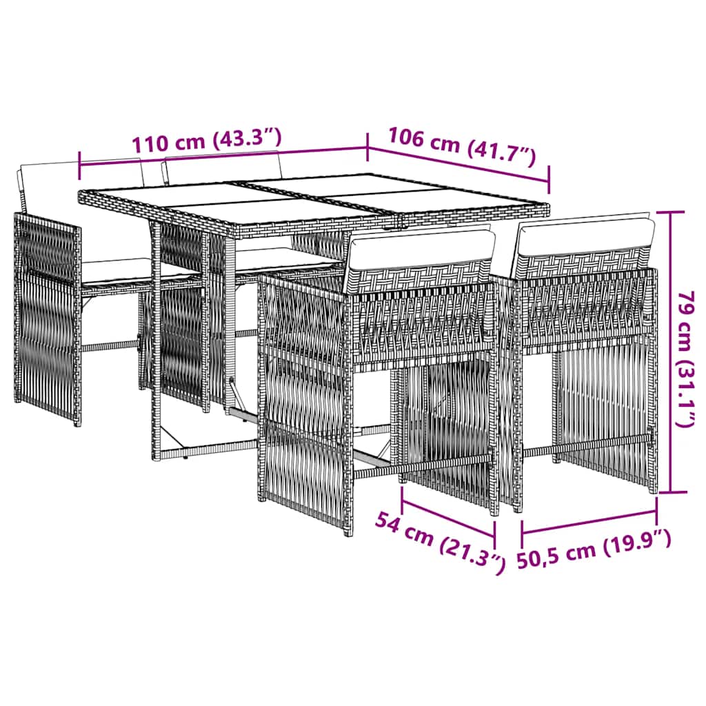 5-tlg. Garten-Essgruppe mit Kissen Braun Poly Rattan