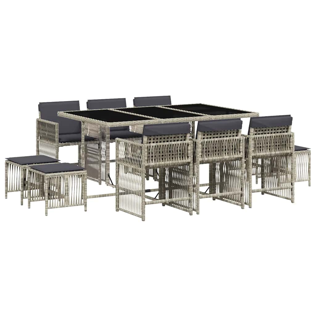 11-tlg. Garten-Essgruppe mit Kissen Hellgrau Poly Rattan