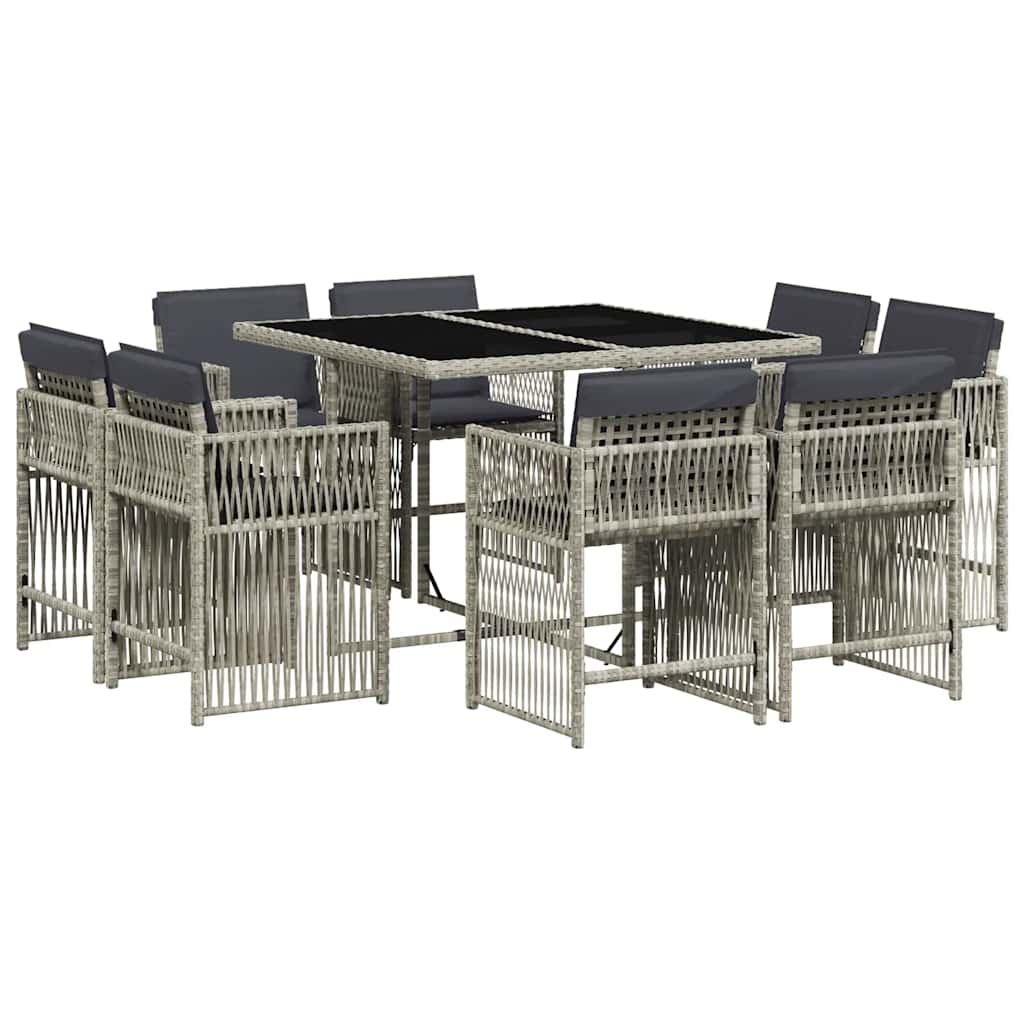 9-tlg. Garten-Essgruppe mit Kissen Hellgrau Poly Rattan