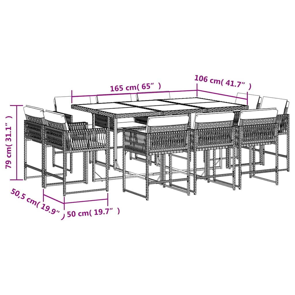 11-tlg. Garten-Essgruppe mit Kissen Hellgrau Poly Rattan