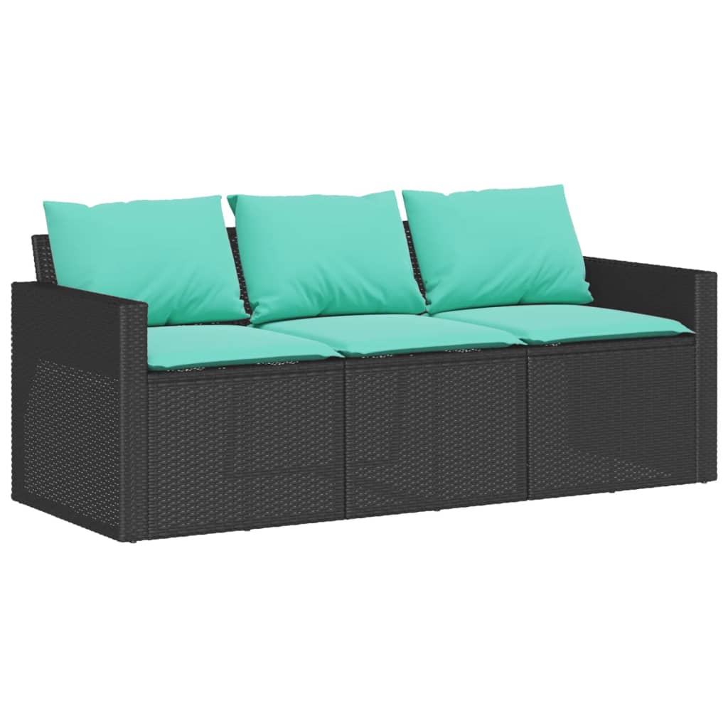 Gartensofa mit Kissen 3-Sitzer Schwarz Poly Rattan