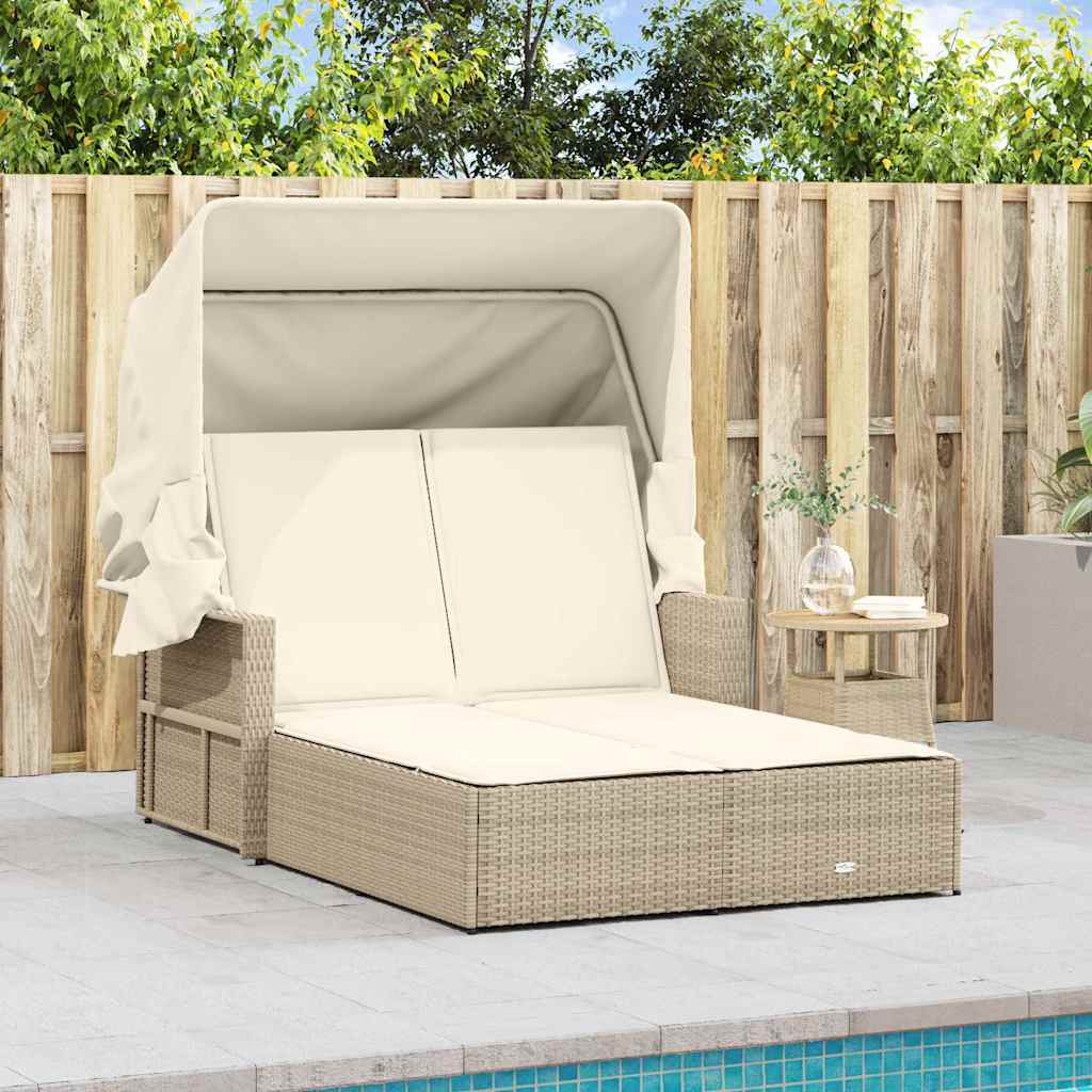 Doppel-Sonnenliege mit Dach und Auflagen Beige Poly Rattan